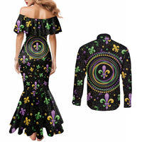Mardi Gras Fleur De Lis Couples Matching Mermaid Dress and Long Sleeve Button Shirt With Round Carnival Beads