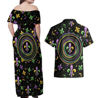 Mardi Gras Fleur De Lis Couples Matching Off Shoulder Maxi Dress and Hawaiian Shirt With Round Carnival Beads