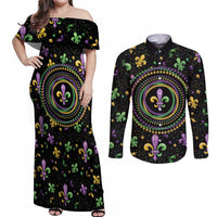 Mardi Gras Fleur De Lis Couples Matching Off Shoulder Maxi Dress and Long Sleeve Button Shirt With Round Carnival Beads