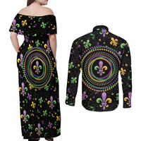 Mardi Gras Fleur De Lis Couples Matching Off Shoulder Maxi Dress and Long Sleeve Button Shirt With Round Carnival Beads