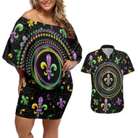 Mardi Gras Fleur De Lis Couples Matching Off Shoulder Short Dress and Hawaiian Shirt With Round Carnival Beads