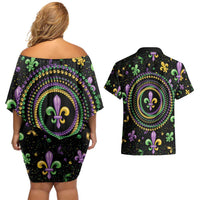 Mardi Gras Fleur De Lis Couples Matching Off Shoulder Short Dress and Hawaiian Shirt With Round Carnival Beads