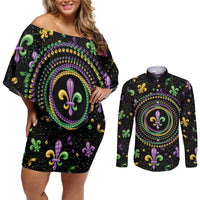 Mardi Gras Fleur De Lis Couples Matching Off Shoulder Short Dress and Long Sleeve Button Shirt With Round Carnival Beads