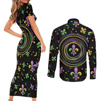 Mardi Gras Fleur De Lis Couples Matching Short Sleeve Bodycon Dress and Long Sleeve Button Shirt With Round Carnival Beads