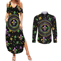 Mardi Gras Fleur De Lis Couples Matching Summer Maxi Dress and Long Sleeve Button Shirt With Round Carnival Beads