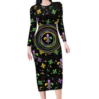 Mardi Gras Fleur De Lis Family Matching Long Sleeve Bodycon Dress and Hawaiian Shirt With Round Carnival Beads LT9 - Wonder Print Shop