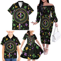 Mardi Gras Fleur De Lis Family Matching Off The Shoulder Long Sleeve Dress and Hawaiian Shirt With Round Carnival Beads