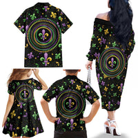 Mardi Gras Fleur De Lis Family Matching Off The Shoulder Long Sleeve Dress and Hawaiian Shirt With Round Carnival Beads
