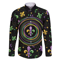 Mardi Gras Fleur De Lis Family Matching Off The Shoulder Long Sleeve Dress and Hawaiian Shirt With Round Carnival Beads