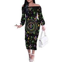 Mardi Gras Fleur De Lis Family Matching Off The Shoulder Long Sleeve Dress and Hawaiian Shirt With Round Carnival Beads