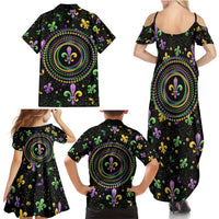 Mardi Gras Fleur De Lis Family Matching Summer Maxi Dress and Hawaiian Shirt With Round Carnival Beads - Wonder Print Shop