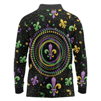 Mardi Gras Fleur De Lis Long Sleeve Polo Shirt With Round Carnival Beads - Wonder Print Shop