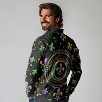 Mardi Gras Fleur De Lis Long Sleeve Polo Shirt With Round Carnival Beads - Wonder Print Shop