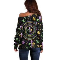 Mardi Gras Fleur De Lis Off Shoulder Sweater With Round Carnival Beads - Wonder Print Shop
