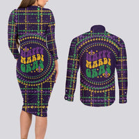 Mardi Gras Gnome Couples Matching Long Sleeve Bodycon Dress and Long Sleeve Button Shirt Beads Fleur de lis Symbol