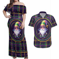 Mardi Gras Gnome Couples Matching Off Shoulder Maxi Dress and Hawaiian Shirt Beads Fleur de lis Symbol