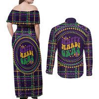 Mardi Gras Gnome Couples Matching Off Shoulder Maxi Dress and Long Sleeve Button Shirt Beads Fleur de lis Symbol