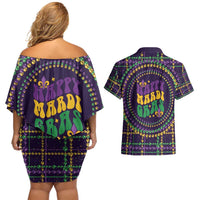 Mardi Gras Gnome Couples Matching Off Shoulder Short Dress and Hawaiian Shirt Beads Fleur de lis Symbol