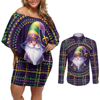 Mardi Gras Gnome Couples Matching Off Shoulder Short Dress and Long Sleeve Button Shirt Beads Fleur de lis Symbol