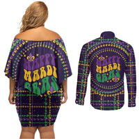 Mardi Gras Gnome Couples Matching Off Shoulder Short Dress and Long Sleeve Button Shirt Beads Fleur de lis Symbol