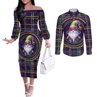 Mardi Gras Gnome Couples Matching Off The Shoulder Long Sleeve Dress and Long Sleeve Button Shirt Beads Fleur de lis Symbol