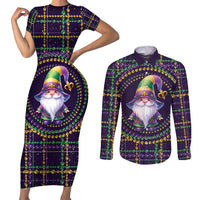 Mardi Gras Gnome Couples Matching Short Sleeve Bodycon Dress and Long Sleeve Button Shirt Beads Fleur de lis Symbol