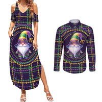 Mardi Gras Gnome Couples Matching Summer Maxi Dress and Long Sleeve Button Shirt Beads Fleur de lis Symbol