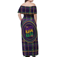 Mardi Gras Gnome Off Shoulder Maxi Dress Beads Fleur de lis Symbol - Wonder Print Shop