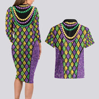 Mardi Gras Strings of Beads Couples Matching Long Sleeve Bodycon Dress and Hawaiian Shirt