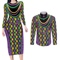 Mardi Gras Strings of Beads Couples Matching Long Sleeve Bodycon Dress and Long Sleeve Button Shirt
