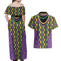 Mardi Gras Strings of Beads Couples Matching Off Shoulder Maxi Dress and Hawaiian Shirt