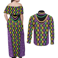 Mardi Gras Strings of Beads Couples Matching Off Shoulder Maxi Dress and Long Sleeve Button Shirt