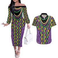 Mardi Gras Strings of Beads Couples Matching Off The Shoulder Long Sleeve Dress and Hawaiian Shirt