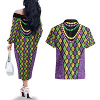 Mardi Gras Strings of Beads Couples Matching Off The Shoulder Long Sleeve Dress and Hawaiian Shirt