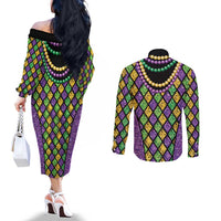 Mardi Gras Strings of Beads Couples Matching Off The Shoulder Long Sleeve Dress and Long Sleeve Button Shirt