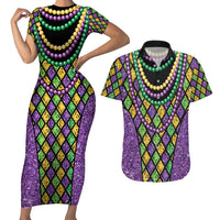Mardi Gras Strings of Beads Couples Matching Short Sleeve Bodycon Dress and Hawaiian Shirt