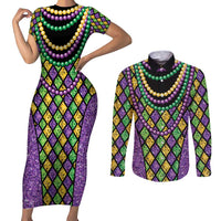 Mardi Gras Strings of Beads Couples Matching Short Sleeve Bodycon Dress and Long Sleeve Button Shirt