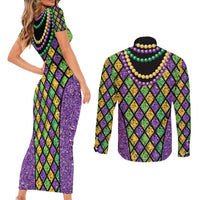 Mardi Gras Strings of Beads Couples Matching Short Sleeve Bodycon Dress and Long Sleeve Button Shirt
