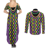 Mardi Gras Strings of Beads Couples Matching Summer Maxi Dress and Long Sleeve Button Shirt