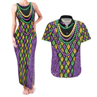 Mardi Gras Strings of Beads Couples Matching Tank Maxi Dress and Hawaiian Shirt