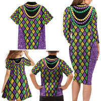 Mardi Gras Strings of Beads Family Matching Long Sleeve Bodycon Dress and Hawaiian Shirt LT9 - Wonder Print Shop