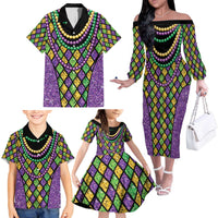 Mardi Gras Strings of Beads Family Matching Off The Shoulder Long Sleeve Dress and Hawaiian Shirt