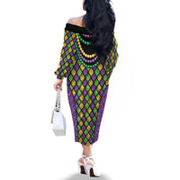 Mardi Gras Strings of Beads Family Matching Off The Shoulder Long Sleeve Dress and Hawaiian Shirt