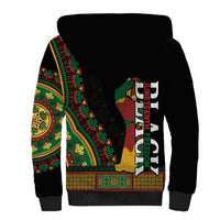 Black sherpa hoodie with large vertical text and multicolor Africa-style panel print