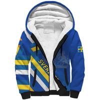 Blue sherpa hoodie with Sweden flag stripes, full-zip front, sherpa-lined hood