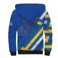 Blue sherpa hoodie back with diagonal Sweden flag stripe graphic and small square flag