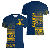Custom Sweden Tre Kronor Women V Neck T Shirt Sverige With Half Scandinavian Design - Wonder Print Shop