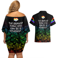 Canada LGBT History Month Couples Matching Off Shoulder Short Dress and Hawaiian Shirt Hugging Rainbow Maple Leaves LT9 - Wonder Print Shop