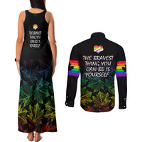 Canada LGBT History Month Couples Matching Tank Maxi Dress and Long Sleeve Button Shirts Hugging Rainbow Maple Leaves LT9 - Wonder Print Shop