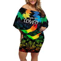 Women’s off-shoulder short dress, black with rainbow maple leaf print